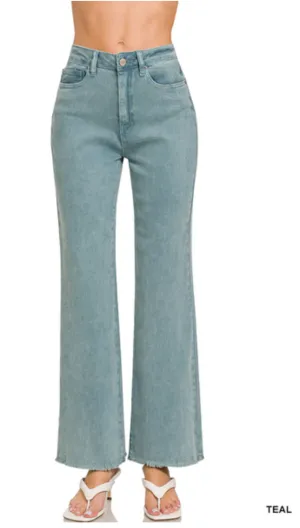 Acid Washed High Waist Frayed Hem Bootcut Pants