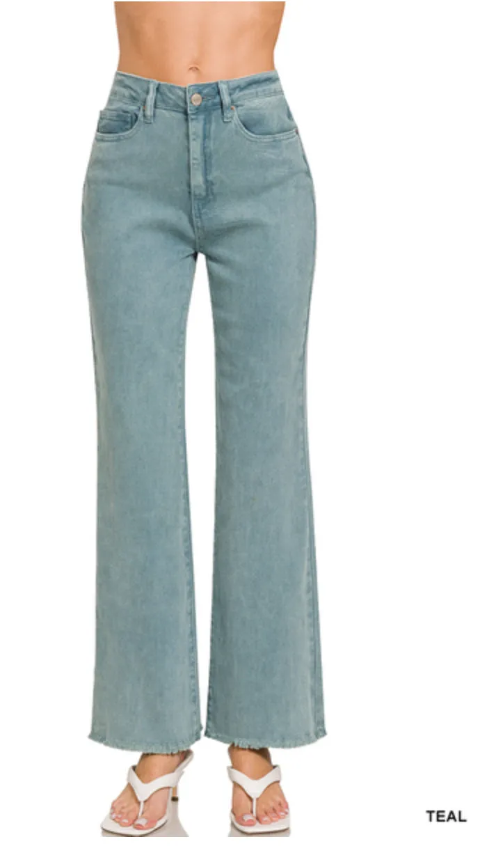 Acid Washed High Waist Frayed Hem Bootcut Pants
