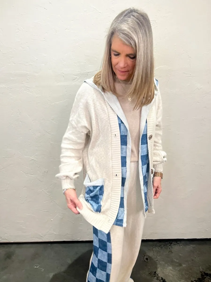 Cooper Check Hooded Cardigan - Snow/Blue