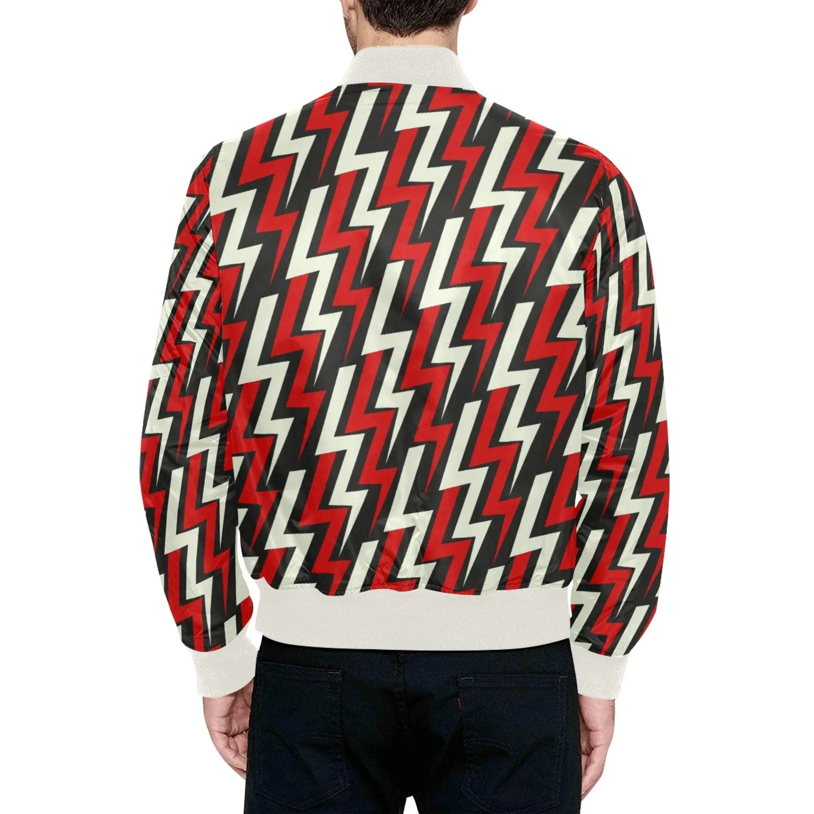Electric Thunderbolt Pattern Quilted Bomber Jacket (Red & Black)