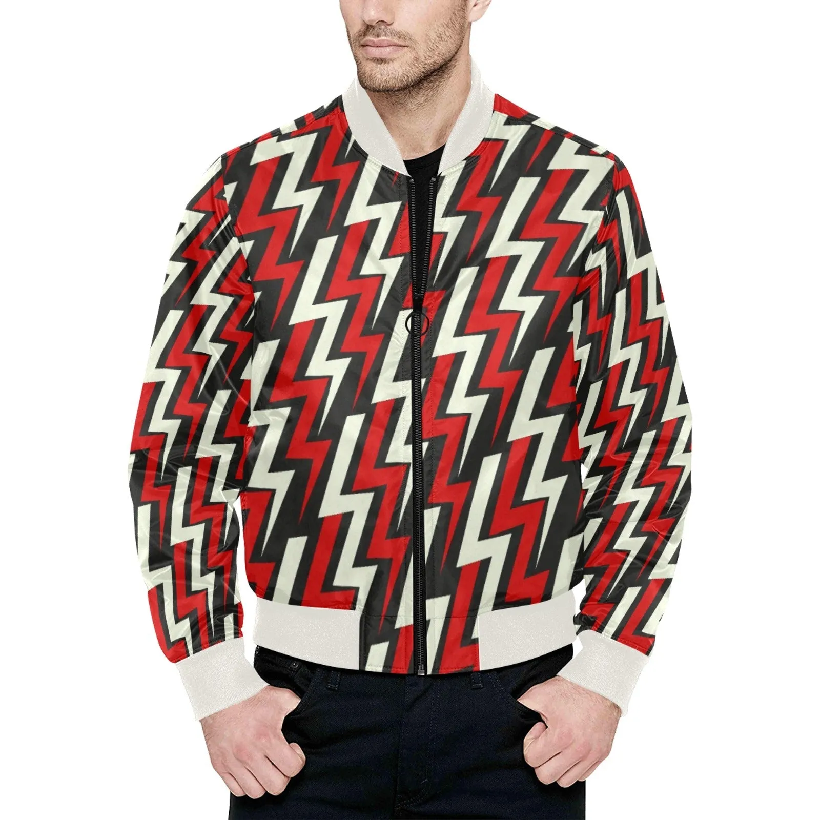 Electric Thunderbolt Pattern Quilted Bomber Jacket (Red & Black)