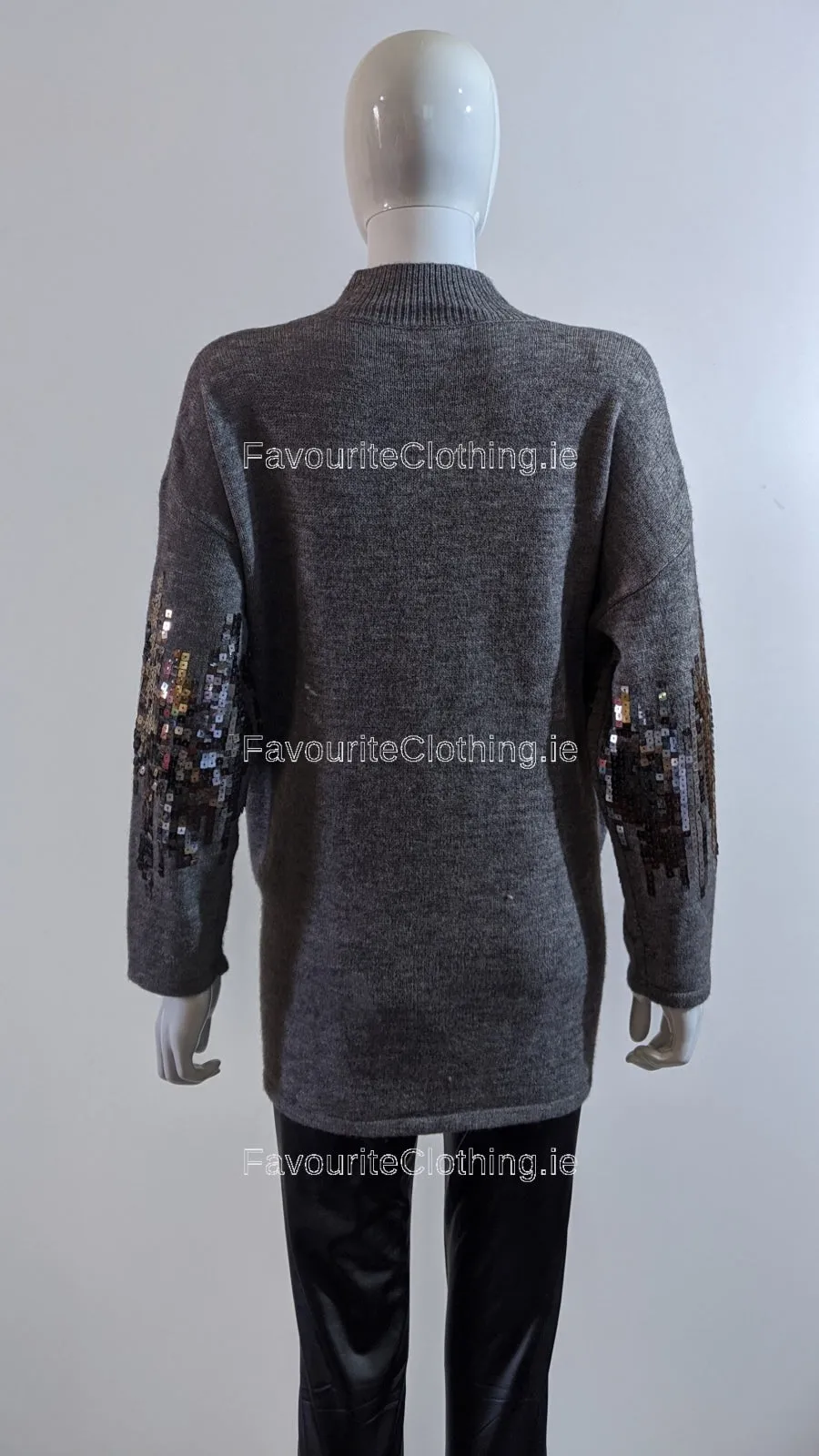 Grey Oversized Sequin High Neck Jumper