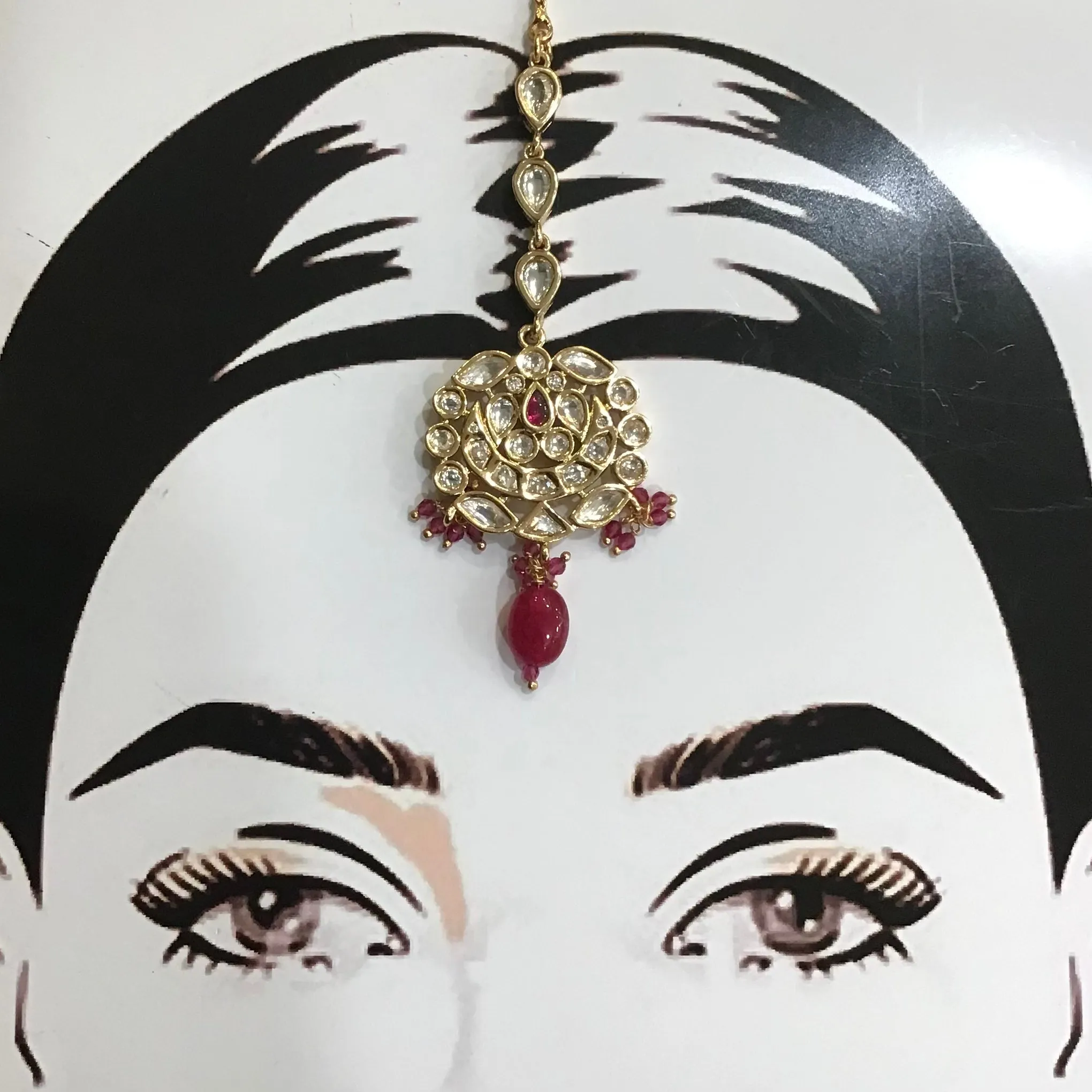 High Quality Kudan Ruby Maang Tikka 13993-1084