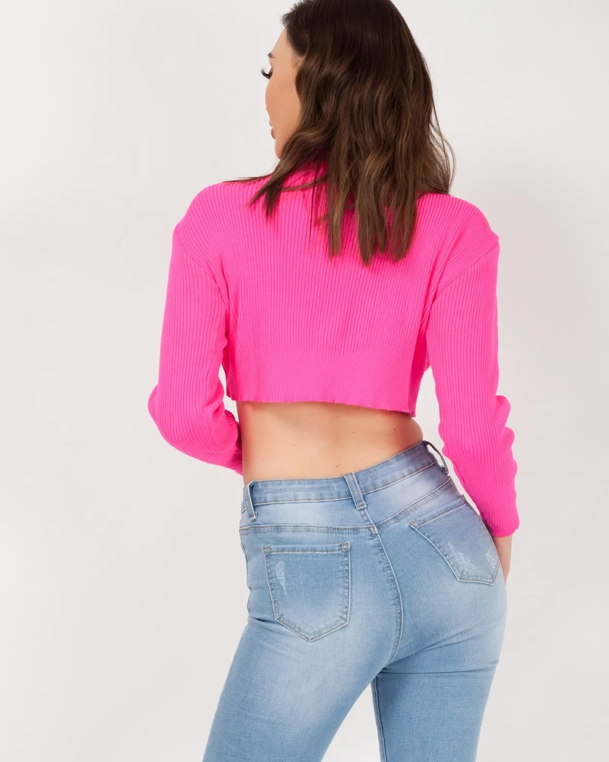 Karla Long Sleeved Crop Jumper In Neon Pink