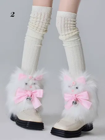 Plush Lamb Cat Leg Warmers With Beige Stockings