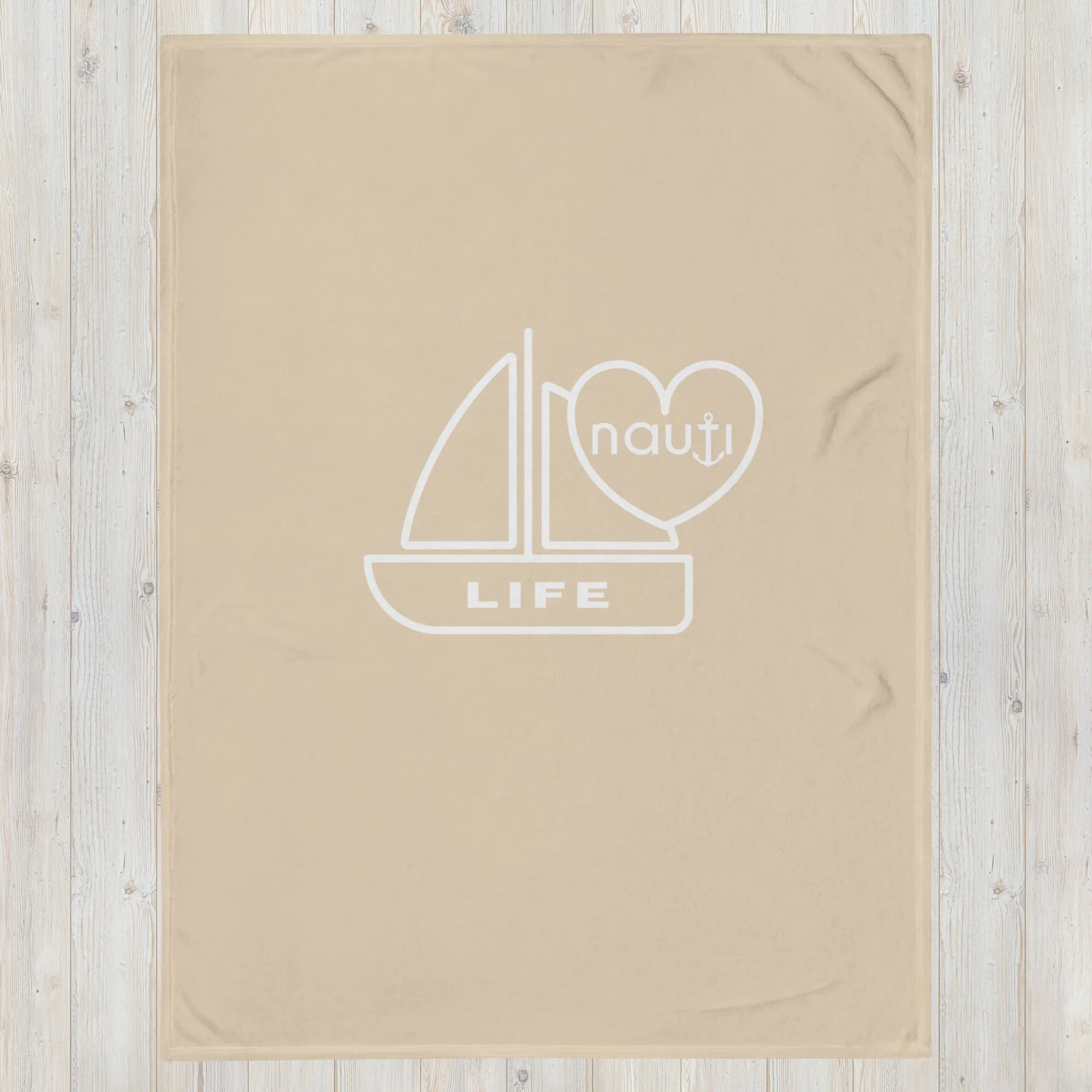 "NAUTI" boat life blanket in champagne with white logo
