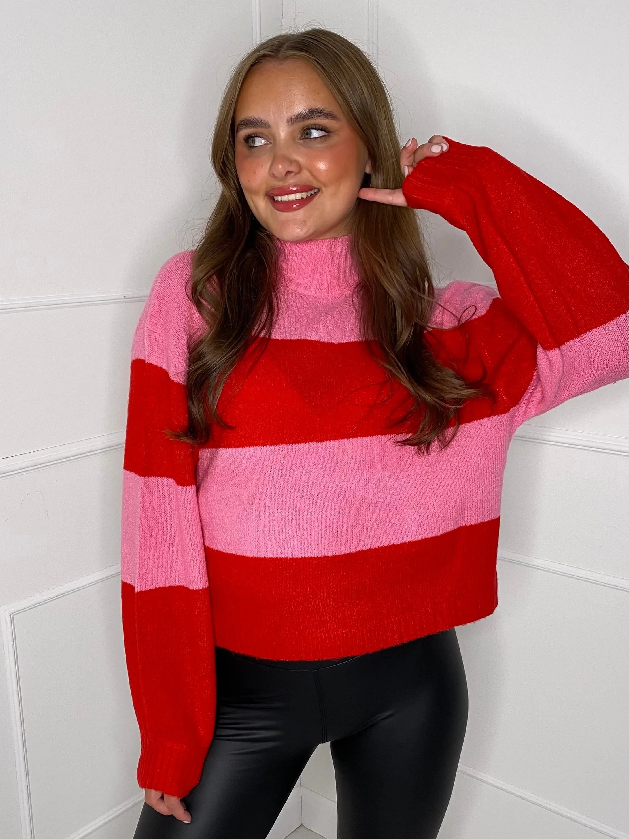 Striped High Neck Jumper - Pink/Red