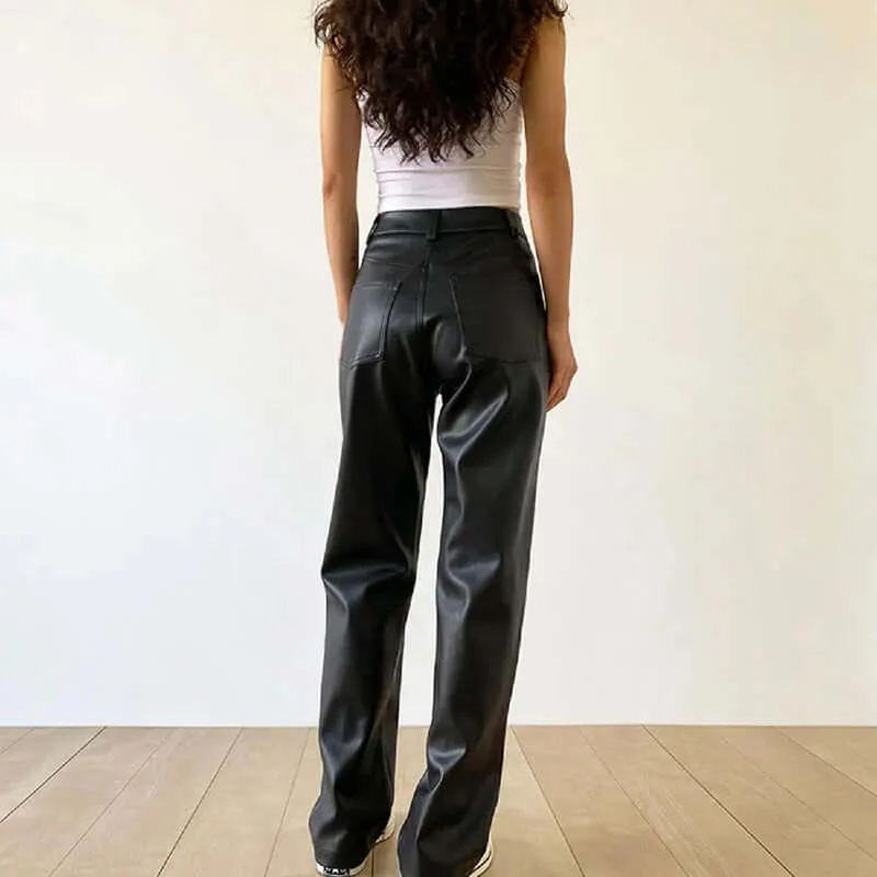 Women's High Waist Straight Leg Leather Pants
