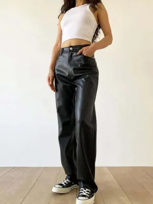 Women's High Waist Straight Leg Leather Pants