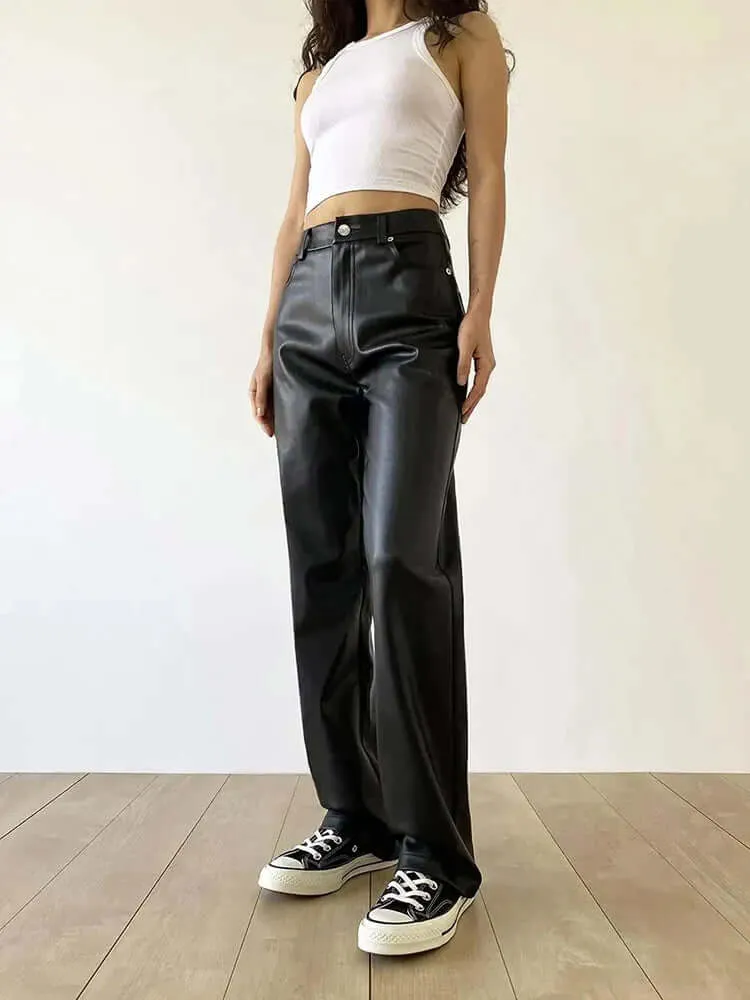 Women's High Waist Straight Leg Leather Pants