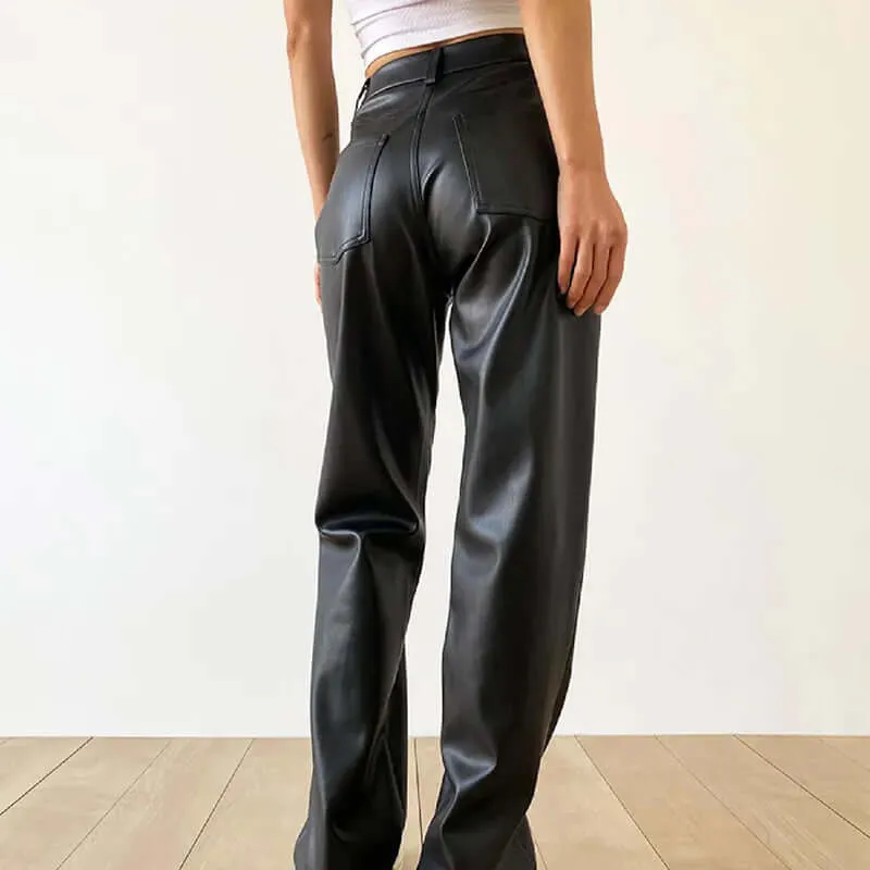 Women's High Waist Straight Leg Leather Pants