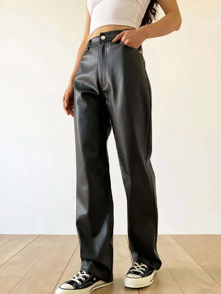 Women's High Waist Straight Leg Leather Pants