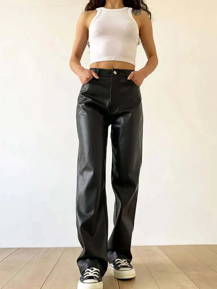 Women's High Waist Straight Leg Leather Pants