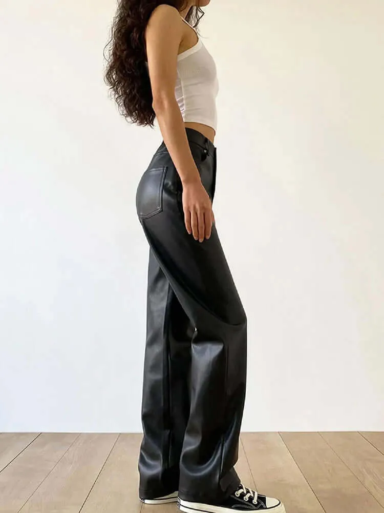 Women's High Waist Straight Leg Leather Pants