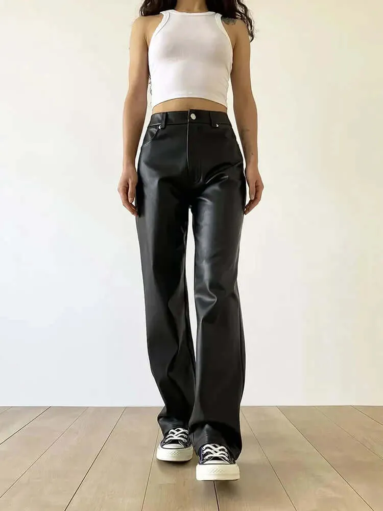 Women's High Waist Straight Leg Leather Pants