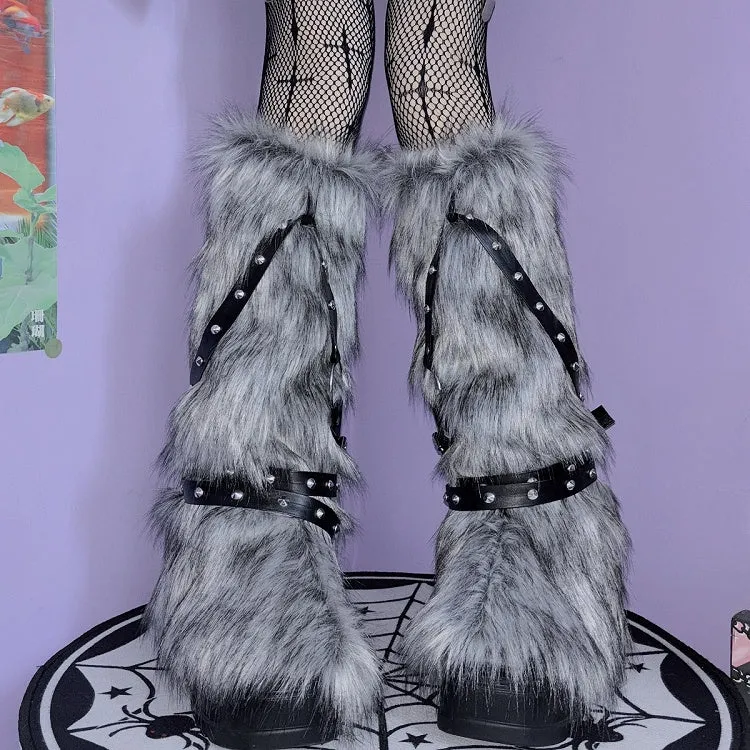 Yellow&Black/Black/White/Gray Strap Shaggy LegWarmers