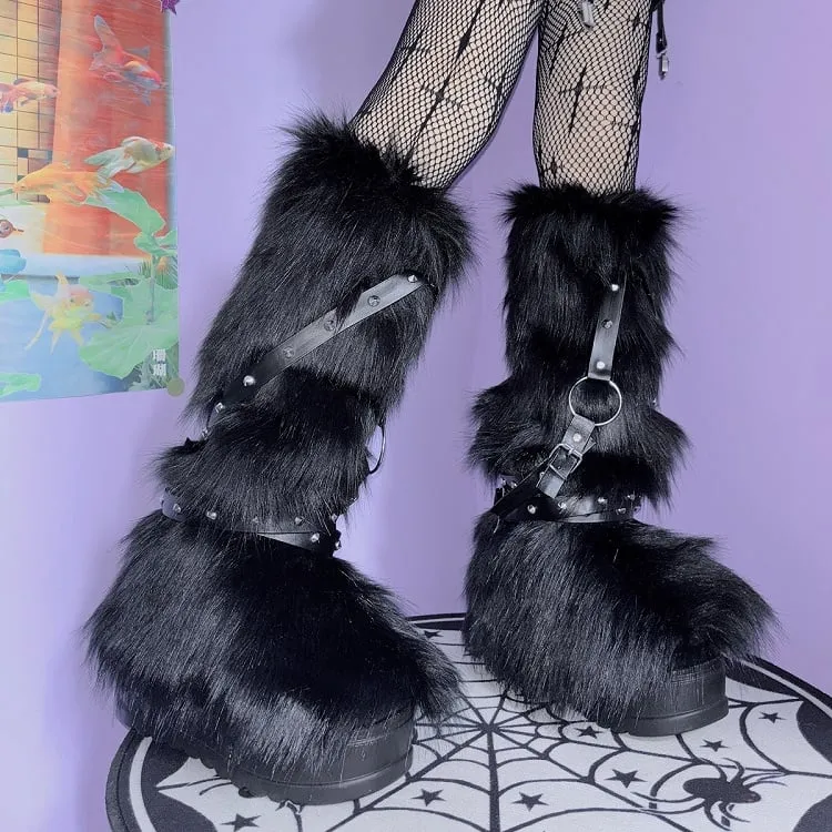 Yellow&Black/Black/White/Gray Strap Shaggy LegWarmers