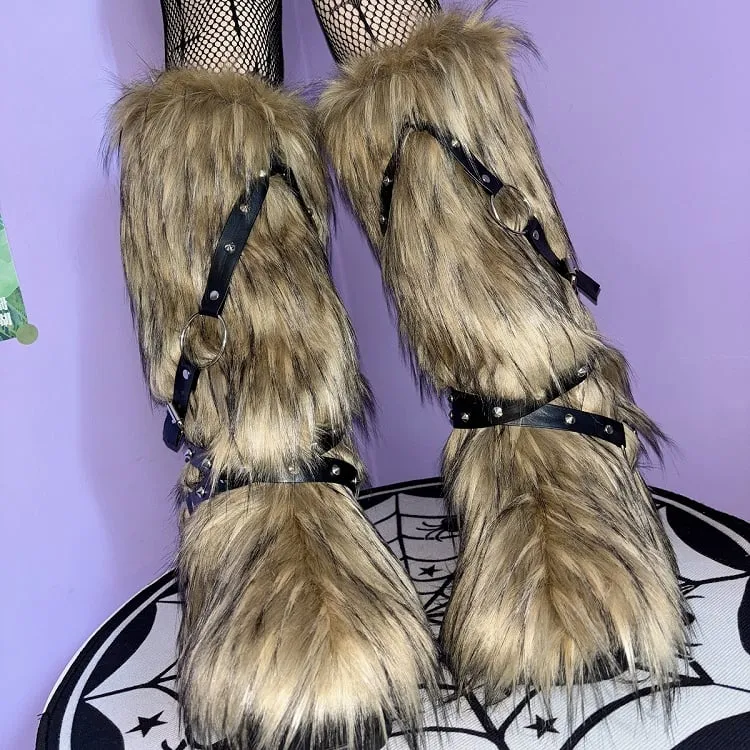 Yellow&Black/Black/White/Gray Strap Shaggy LegWarmers