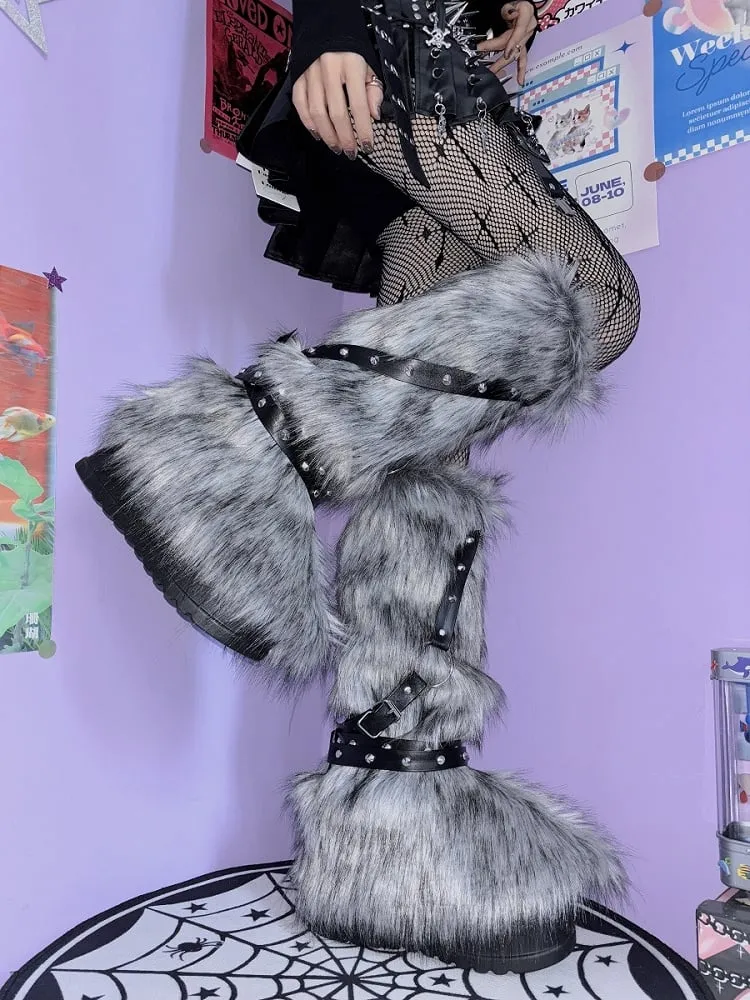 Yellow&Black/Black/White/Gray Strap Shaggy LegWarmers
